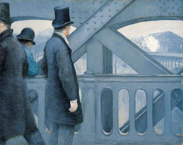 On the Pont de l’Europe by Gustave Caillebotte: three men beside the blue-gray iron girders of a bridge overlooking railway tracks.