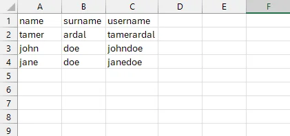 Excel worksheet with name, surname, and username columns and three sample rows.