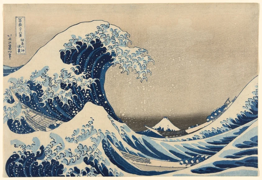 Under the Wave off Kanagawa (Kanagawa oki nami ura), also known as The Great Wave, from the series "Thirty-Six Views of Mount Fuji (Fugaku sanjūrokkei)" by Katsushika Hokusai